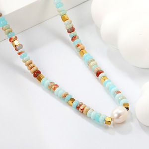 Collier en pierres multicolores, chaîne de clavicule en perles bleu clair pour femmes, bijoux cadeau - Product Image 4