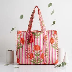 Sac fourre-tout en coton rayé à motifs floraux avec deux poignées, style bohème, fermeture éclair, pour le shopping, la plage, l'usage quotidien, toutes saisons - Product Image 4