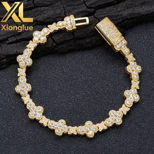 10MM Cross Flower Chain Bracelet <b>Copper</b> Alloy 18K Gold Plated Micro Pave CZ Claw Setting Iced Hop Fashion Jewelry Gift Unisex - Product Image 1