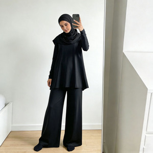 Wholesale Black <b>Modest</b> Burkini <b>Set</b> for Women Muslim Swimwear 3 Piece Long Tunic Wide Leg Pants Hijab - Product Image 2