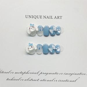 Uñas Postizas Blue Bunny con Diseños 3D de Lazo, Perla y Huella, Uñas Postizas Medianas Brillantes y Lindas para Mujeres y Niñas - Product Image 2