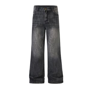 Jean en denim délavé coupe large style streetwear tendance, imprimé hip-hop, décontracté, hiver-printemps - Product Image 1