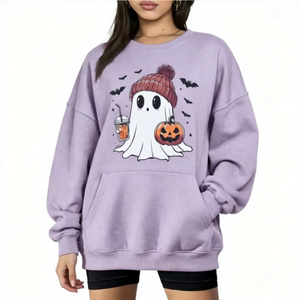 Sweat-shirt surdimensionné pour femme, imprimé fantôme et citrouille d'Halloween, col rond, violet, motif dessin animé, épaules tombantes, manches longues, pour l'automne - Product Image 1