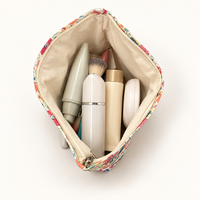 Tas Kosmetik Kertas Kraft Floral yang Dapat Dicuci, Kapasitas Besar, Kantong Makeup dengan Ritsleting, Organizer Perlengkapan Mandi untuk Perjalanan Wanita