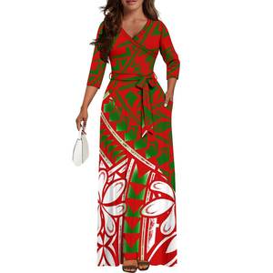 OEM personalizado Samoan Polynesian Tribal Print diseño cuello en V bolsillo lateral Tie-Up vestido de gran tamaño mujeres <span class=keywords><strong>Prom</strong></span> ropa de noche - Product Image 1