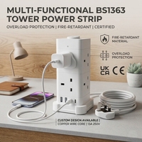 Multiprise professionnelle verticale 8 prises, barre d'alimentation fiable BS1363 13A 250V pour la maison et le bureau