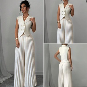 C0330 Conjuntos de Ropa Moderna para <span class=keywords><strong>Mujer</strong></span>, Trajes de Oficina, Chaleco con Cuello en V y Pantalones Anchos Plisados, Conjunto de Dos Piezas - Product Image 2