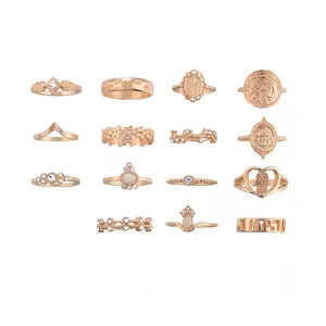 Conjunto de anéis de dedo em forma de coração, conjunto de 15 peças de anéis de dedo para mulheres, hip hop, cruz, anel vintage, joias unissex