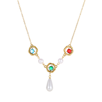 Collier pendentif en acier inoxydable de style baroque rétro, plaqué or 18 carats, avec cristaux colorés et perles, pour femmes