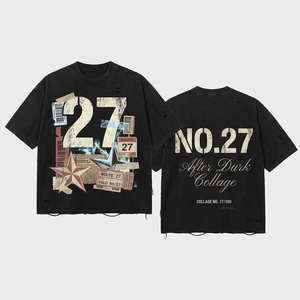 Camiseta con Etiqueta Personalizada, Estilo Vintage, 300GSM, Algodón Grueso, Corte Holgado, Recortada, con Estampado Gráfico, para Hombre - Product Image 3