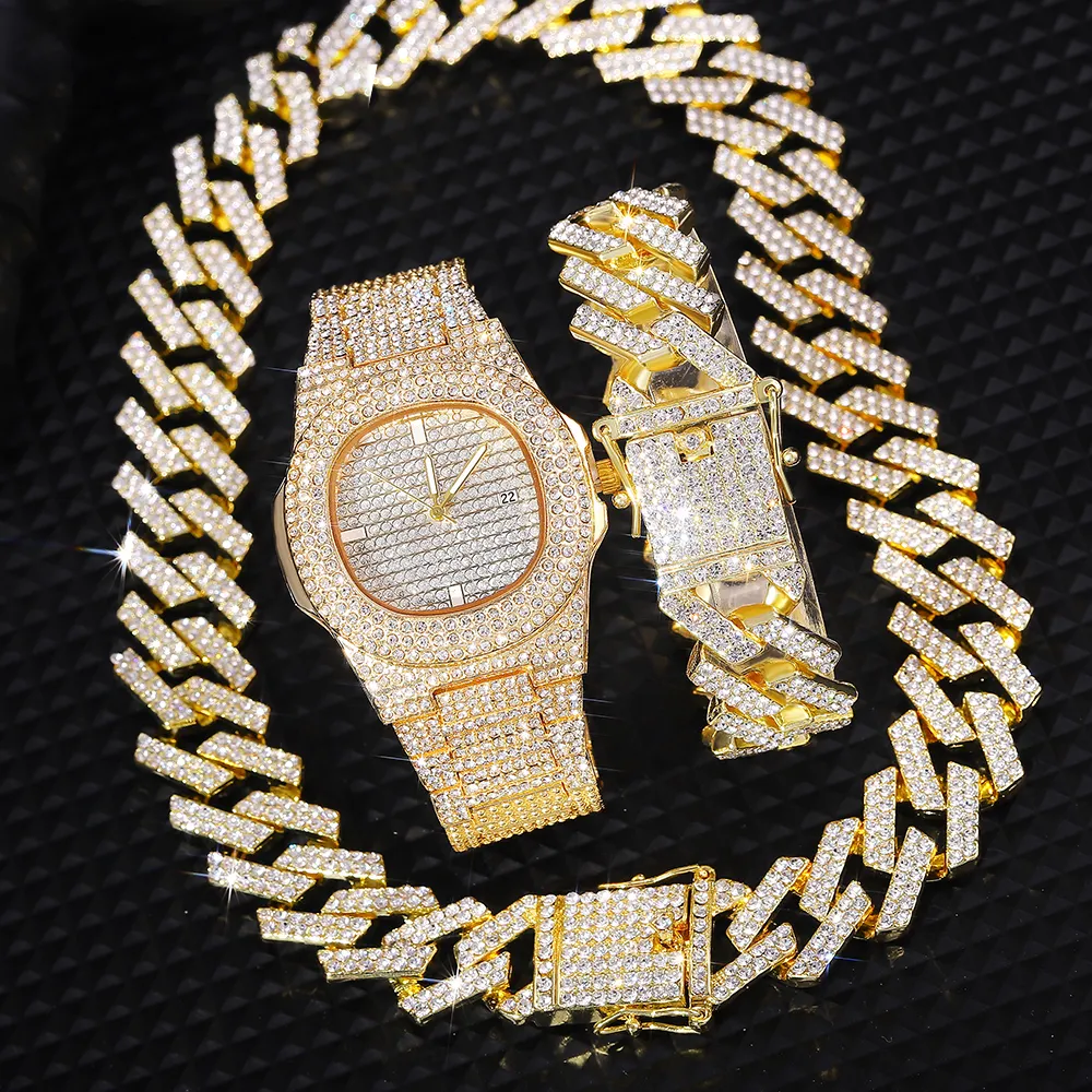 New Iced Out Watch Mens Cuban Link Chain bracciale collana girocollo Bling gioielli uomo grandi catene Color oro Hip Hop Punk Watch Set
