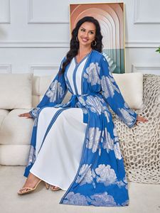 d'abaya couleur bleu foncé motif bronzant caftan avec robe intérieure 2 pièces ensemble abaya musulmane pour les femmes - Product Image 5