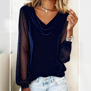 Dropshipping Shopify <b>Plus</b> <b>Size</b> Womens V Neck <b>Mesh</b> Rhinestone Long Sleeve T Shirt <b>Top</b> Glam Casual Daily Wear - Product Image 3