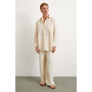 Chemise en modal à rayures contrastées fuchsia unisexe décontractée en popeline boutonnée pour tous les jours - Product Image 5