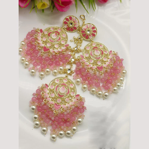 Designer Fine Gold Plated Kundan Meenakari Earrings with Beads and Maangtikka Bridal Jewelry Set - Product Image 6
