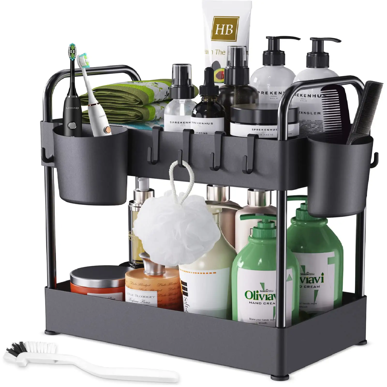 Kitchen Bathroom Cabinet Under The Sink Organizer and Storage Rack with Hooks