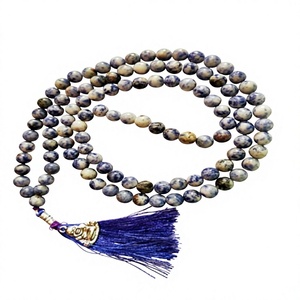 Collar Jap Mala Hecho a Mano con Cuentas de Ágata y Lapislázuli Natural de 8mm, Amuleto de Plata, Piedras Preciosas, Recuerdo, Gujarat KAMALAGATE.COM - Product Image 1