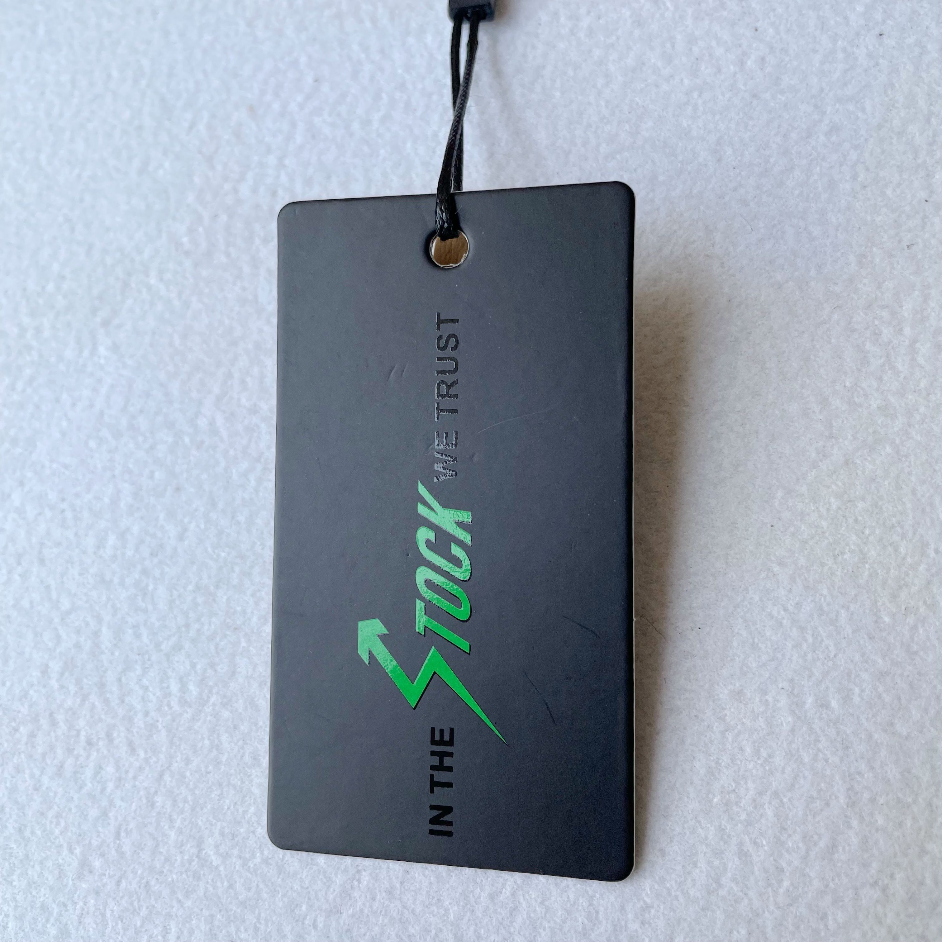 Brand Name logo Custom Sustainable hang Tags Recycled Paper UV Printing Hangtag Black Card Swing Tag With String for Cl