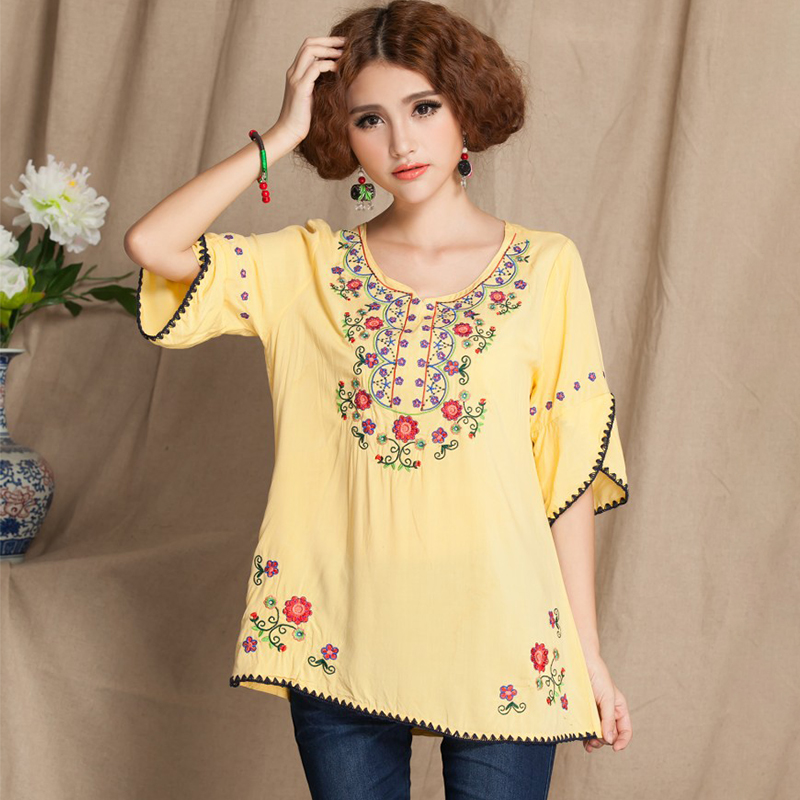 Yellow cotton linen embroidered blouse shirt