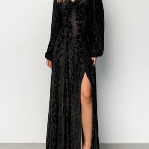 เดรสยาวผู้หญิงแบบใหม่ แขนกุด คอวี แขนยาว ดีไซน์หรูหรา สำหรับงานเลี้ยงตอนเย็น สีดำ ผ้ากำมะหยี่ - Product Image 2