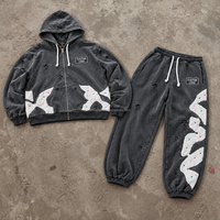 Ensemble sweat à capuche zippé et pantalon de jogging gris délavé pour homme avec appliqué abstrait vieilli, style streetwear OEM ODM