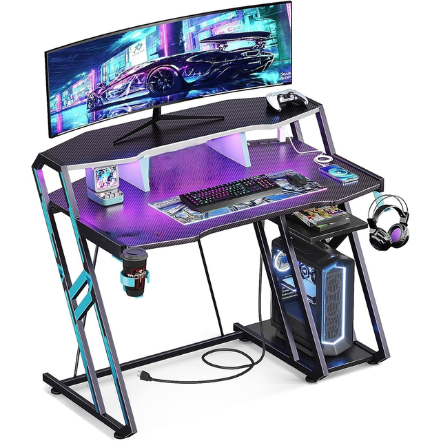 Custom Wholesale Modern Computer Gaming Table with CPU Stand Metal Black Pc Gaming Desk With RGB Light/Headphone Hook/Cup Holder