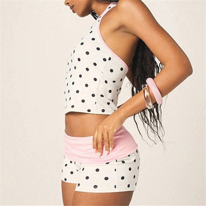 Sweet Fason Polka Dot Print Patcwork Womens Matcng <b>Sets</b> Alter Vneck Backless Crop Top and Sorts 2 Piece <b>Set</b> - Product Image 2