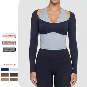 Top <span class=keywords><strong>de</strong></span> Yoga <span class=keywords><strong>de</strong></span> Manga Larga con Diseño Festoneado, Conjunto <span class=keywords><strong>de</strong></span> Yoga <span class=keywords><strong>de</strong></span> <span class=keywords><strong>Dos</strong></span> Piezas con Bloques <span class=keywords><strong>de</strong></span> Color, Ajuste Delgado, Transpirable, Ropa Deportiva y <span class=keywords><strong>de</strong></span> Fitness - Product Image 4