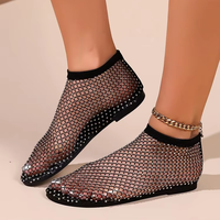 Mode cristal strass femmes maille Stretch diapositives résille dames grande taille chaussette sandales plat Bling Sexy maille sandales chaussures