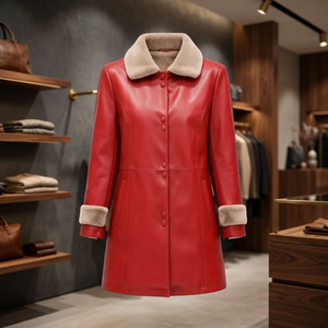 Women's Red Faux Leather Coat With <b>Fur</b> Collar And Cuffs Single Breasted Winter Windproof Elegant Style - Product Image 4