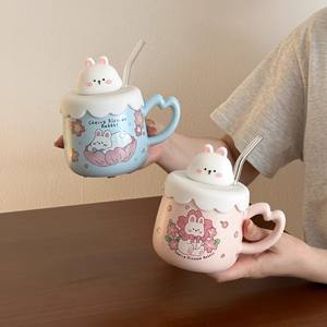 Cherry Blossom Rabbit <b>Ceramic</b> <b>Mug</b> With Lid And Straw Pink Blue Cartoon Design For Coffee Milk Breakfast Gift - Product Image 1