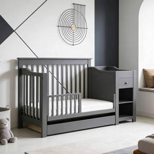 Lit bébé en bois massif de grande taille, blanc, en MDF, lit bébé en bois pour enfants, lit pliant avec tiroirs de rangement - Product Image 4