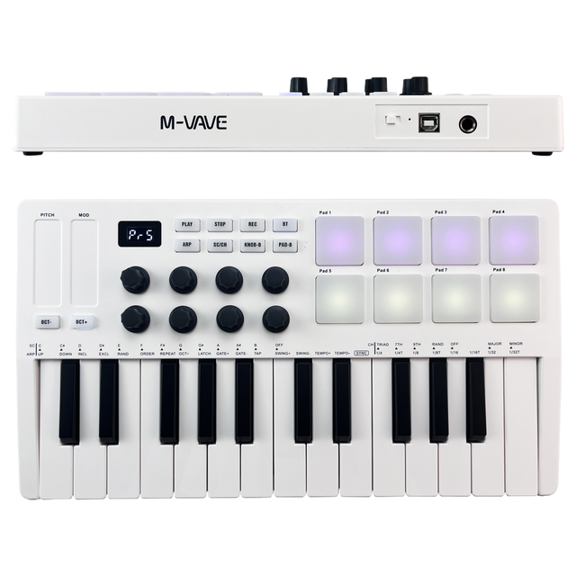 M-Vave SMK-25 Mini MIDI Keyboard Velocity Sensitive Keys Support Wireless With 8 RGB Drum Pads Control Console