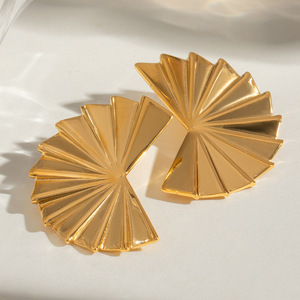 Geometric Pleated Fan Shape <b>Stud</b> <b>Earrings</b> 18k Gold Stainless Steel Everyday Wear - Product Image 3