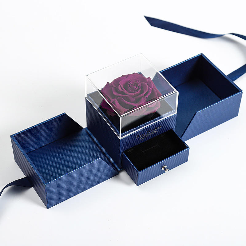 กล่องอะคริลิคสีน้ำเงินเปิดสองด้านลายดอกไม้สีม่วง