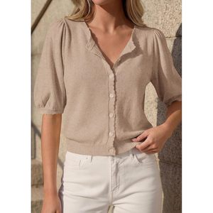 Puff Short Sleeve <b>Cardigan</b> For Women Lightweight Knit Button Up <b>Sweater</b> Top Summer Casual Breathable Spring Clothes - Product Image 6