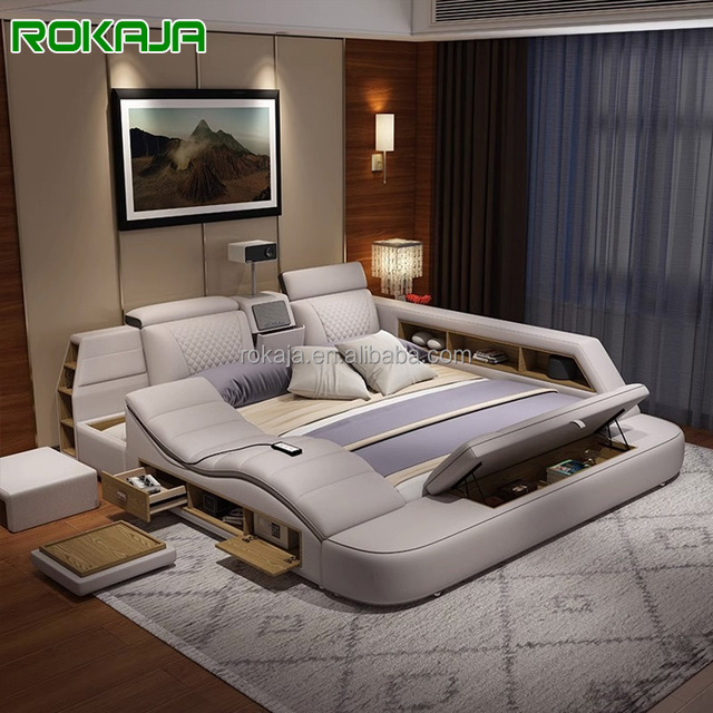 New Design Function Double Bed With Usb Bedroom Queen Size Sleeper With Massage Chair Modern Smart Bed With Speakers