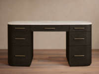 Bureau d'écriture de luxe incurvé avec rangement, plateau en marbre naturel, structure en bois massif, poignées en laiton, bureau pour la maison ou le bureau