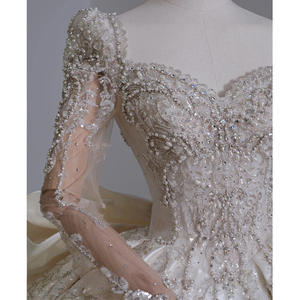 ロングスリーブニューブライダルフレンチプリンセスラージテールビンテージコートスタイルウェディングドレスアップリケレースエンパイアシルエット100% - Product Image 3