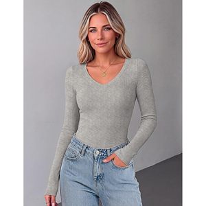 Camiseta básica ajustada de punto acanalado con cuello en V y manga larga para mujer, ropa informal para otoño - Product Image 4