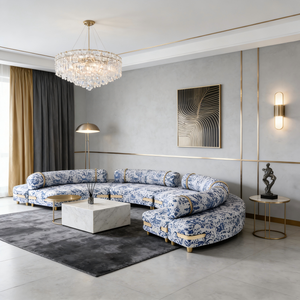 Sofá Curvo de Lujo Estilo Porcelana Azul y Blanca, Sofá de Tela Artístico Moderno para Sala de Estar de Villa y Decoración de Vestíbulo de <span class=keywords><strong>Hotel</strong></span> - Product Image 6