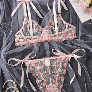 Women's Sexy Soft Lace Lingerie Set Floral Embroidery Sheer See Through Mesh Underwear Floral Lace Underwire Sheer Set - Product Image 2