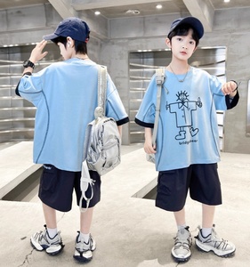 Ensemble de Vêtements pour Garçon Adolescent Été 2026 – T-shirt Imprimé <span class=keywords><strong>Bleu</strong></span> + Short – 2 Pièces Décontracté Grande Taille – 3 Couleurs - Product Image 1