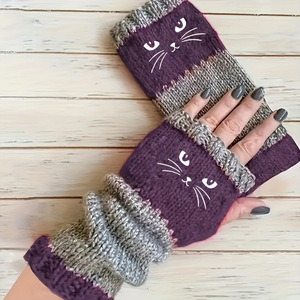Women's Winter Embroidered Warm - Cute <b>Black</b> Cat's Eye, Bird and <b>Heart</b> Pattern, Non-slip Fingerless Gloves, Durable. - Product Image 6