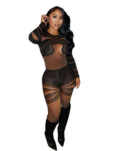 <span class=keywords><strong>Tuta</strong></span> <span class=keywords><strong>Intera</strong></span> da <span class=keywords><strong>Donna</strong></span> a <span class=keywords><strong>Maniche</strong></span> <span class=keywords><strong>Lunghe</strong></span> con Scollo Tondo, Sexy per Club Notturni, in Rete Trasparente - Product Image 5