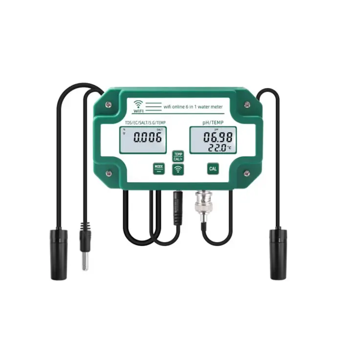 Digital WiFi PH EC TDS SALT SG.Temp Meter Water Quality Tester 6-in-1 Multifunction Smart Monitor Tuya APP Control US/EU/UK Plug
