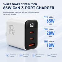 Chargeur rapide GaN 65W Type C PD avec affichage numérique, 3 ports en 1, prise murale pliable pour téléphone, ordinateur portable, tablette, logo personnalisé OEM, vente en gros