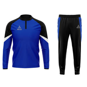Ensemble de sport pour hommes bleu noir élégant, col rond, fermeture éclair, design personnalisé, survêtement d'entraînement d'équipe, taille élastique, tenue décontractée, imprimé - Product Image 1