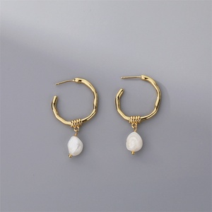 <b>Fine</b> 18k Gold Plated <b>Earrings</b> Freshwater Pearl <b>Stud</b> <b>Earring</b> Stainless Steel c Shape <b>Earrings</b> Women - Product Image 2