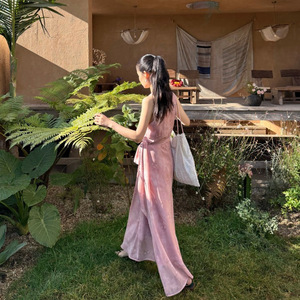 Vestido sin mangas con cuello en V estilo francés de Digim, diseño de lazo en la cintura ajustada para fiestas, viajes, compras y citas - Product Image 3